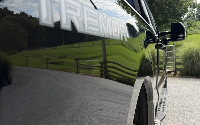 mirror-like reflection in freshly detailed black truck paint