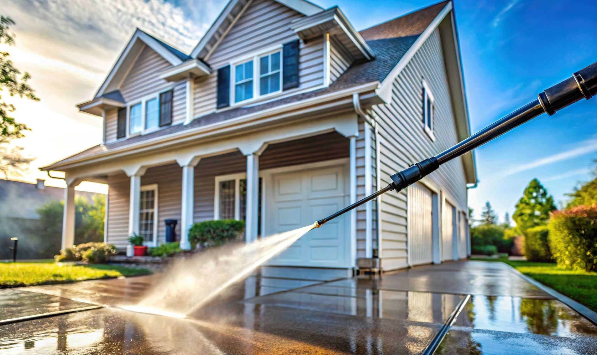 house siding and driveway being pressure washed